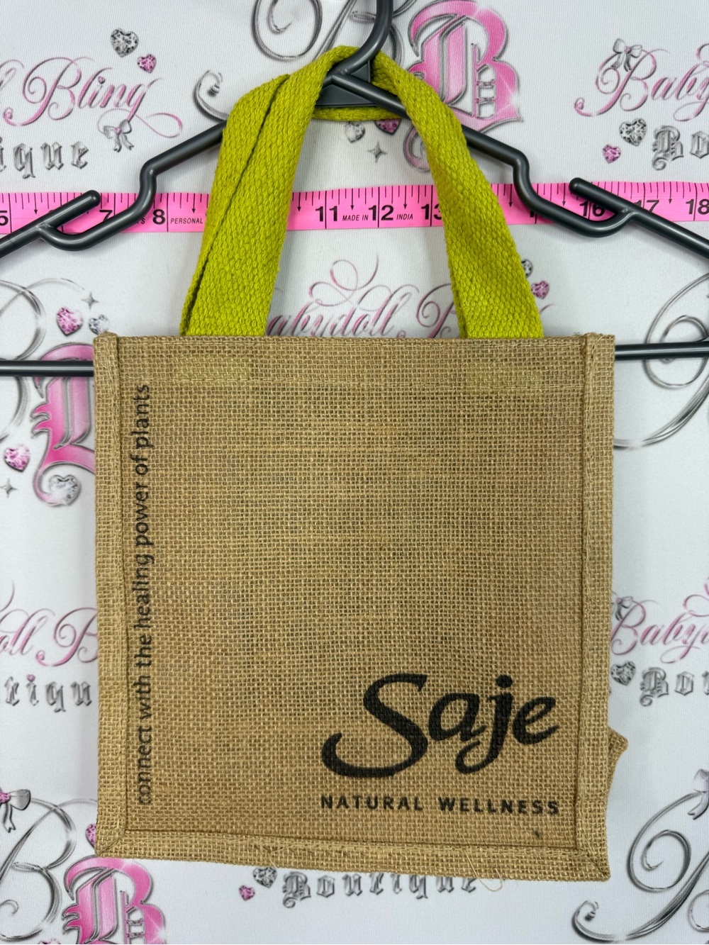 Saje Natural Wellness Jute Tote with Lime Green Handles